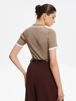 Contrast Trim Metal Button Knit Top