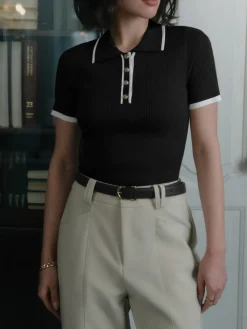 Contrast Trim Metal Button Knit Top