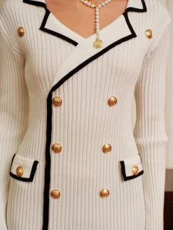 Contrast Trim Metal-Decor Sweater Midi Dress