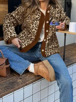 Contrast Trim Minky Leopard Jacket
