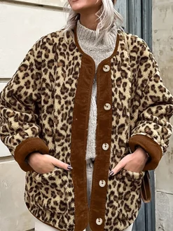 Contrast Trim Minky Leopard Jacket
