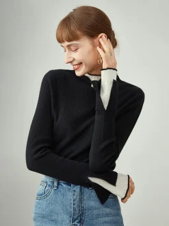 Contrast Trim Mock Neck Knit Top