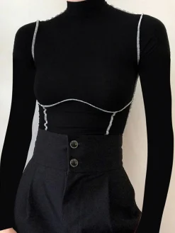 Contrast Trim Mock Neck Long Sleeve Top