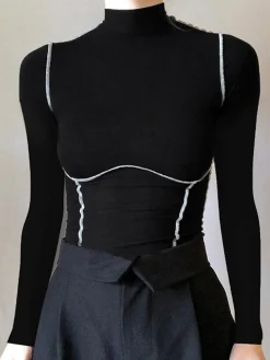 Contrast Trim Mock Neck Long Sleeve Top