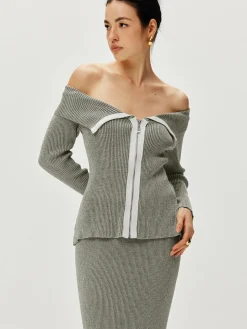 Contrast Trim Off Shoulder Cardigan