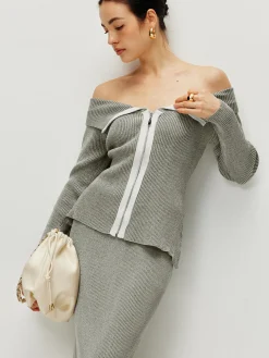 Contrast Trim Off Shoulder Cardigan
