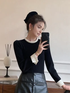 Contrast Trim Pearl-Detail Sweater
