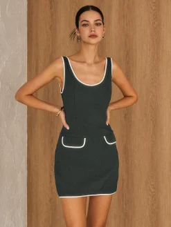Contrast Trim Piping Zipper Dress