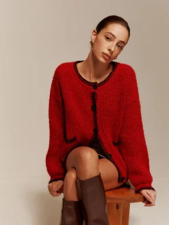 Contrast Trim Pockets Button Cardigan