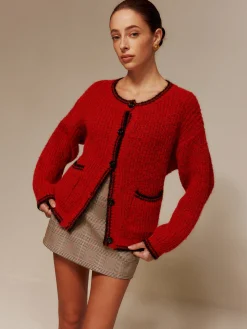 Contrast Trim Pockets Button Cardigan