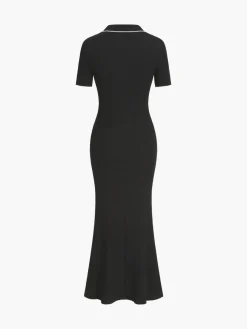 Contrast Trim Polo Long Knit Dress