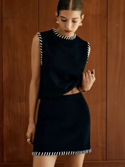 Contrast Trim Sleeveless Skirt Set