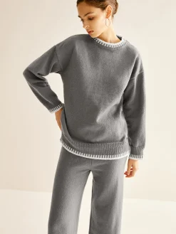 Contrast Trim Slit Warm Sweater Co-ords