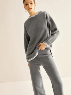 Contrast Trim Slit Warm Sweater Co-ords