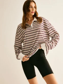 Contrast Trim Striped Polo Sweatshirt