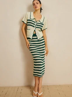 Contrast Trim Striped Skirt Set