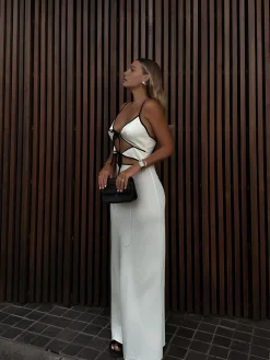 Contrast Trim Tie-Front Long Dress