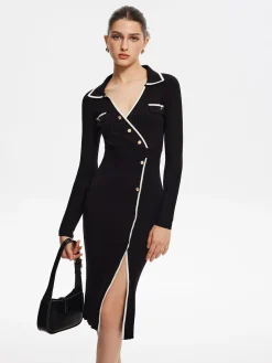 Contrast Trim Wrap Midi Knit Dress