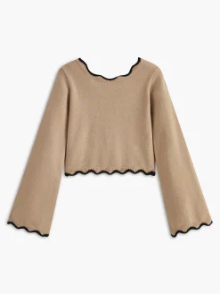Contrast Wave Trim Bow Sweater