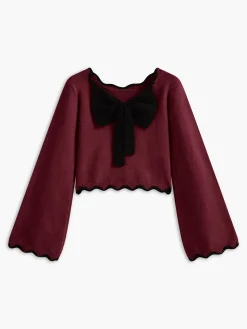 Contrast Wave Trim Bow Sweater
