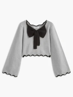 Contrast Wave Trim Bow Sweater