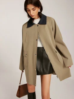 Contrast-Collar Zipper Loose Trench Coat