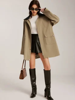 Contrast-Collar Zipper Loose Trench Coat