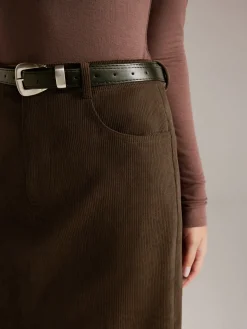 Corduroy Split Belted Midi Skirt