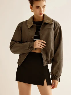Corduroy-Collar PU Leather Jacket