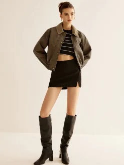 Corduroy-Collar PU Leather Jacket