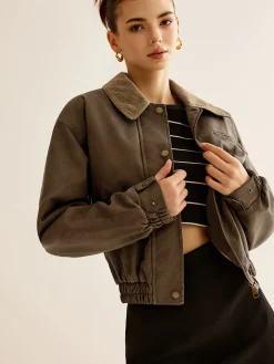 Corduroy-Collar PU Leather Jacket
