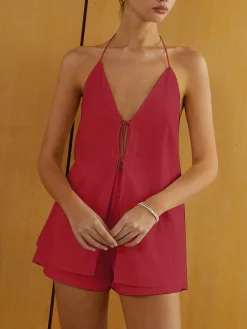 Cotton & Linen Backless Halter Top With Shorts Set