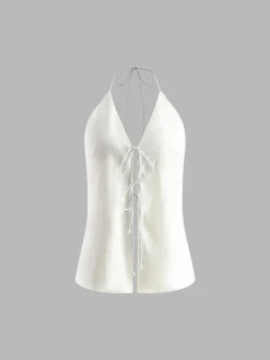Cotton & Linen Backless Halter Top With Shorts Set