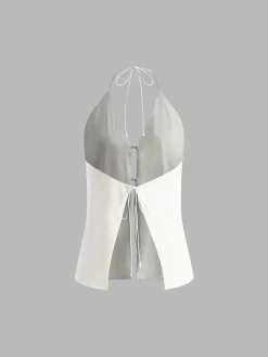 Cotton & Linen Backless Halter Top With Shorts Set