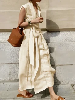 Cotton & Linen Belted Sleeveless Long Dress