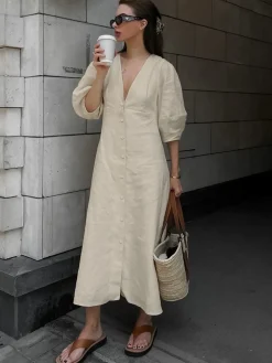 Cotton & Linen Button-Front Knotted Long Dress