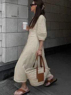 Cotton & Linen Button-Front Knotted Long Dress