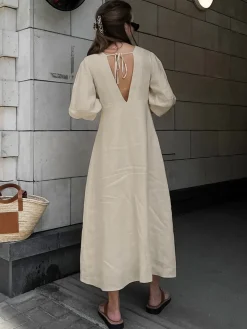 Cotton & Linen Button-Front Knotted Long Dress