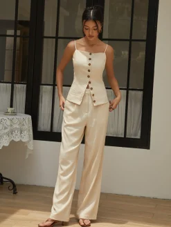 Cotton & Linen Cami Top with Straight Leg Pants Set