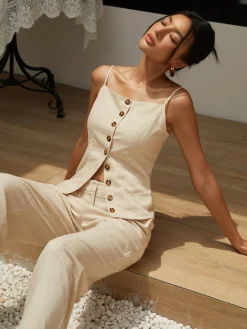 Cotton & Linen Cami Top with Straight Leg Pants Set