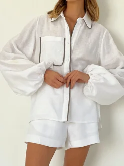 Cotton & Linen Contrast Trim Two Piece Shorts Set
