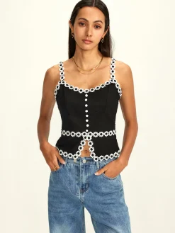 Cotton & Linen Daisy Trim Split Cami Top
