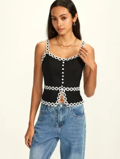 Cotton & Linen Daisy Trim Split Cami Top