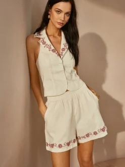 Cotton & Linen Embroidery Shorts Set