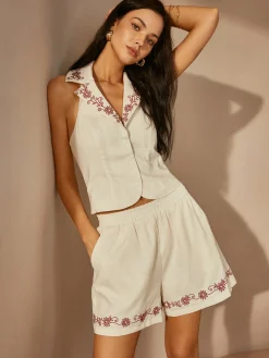 Cotton & Linen Embroidery Shorts Set
