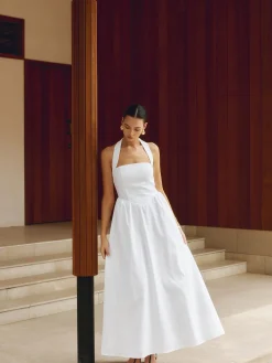 Cotton & Linen Halter A Line Long Dress