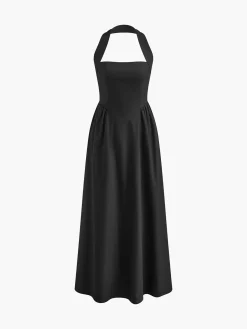Cotton & Linen Halter A Line Long Dress