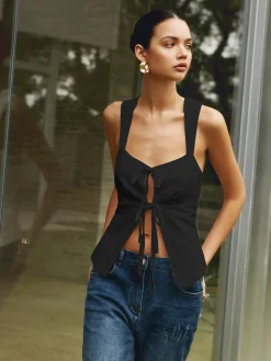 Cotton & Linen Knotted Bow Detail Tank Top