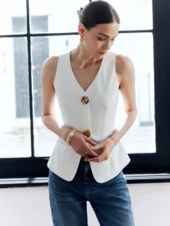 Cotton & Linen Metal Button Solid Vest