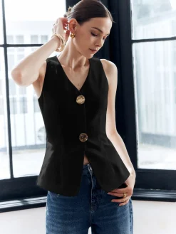 Cotton & Linen Metal Button Solid Vest